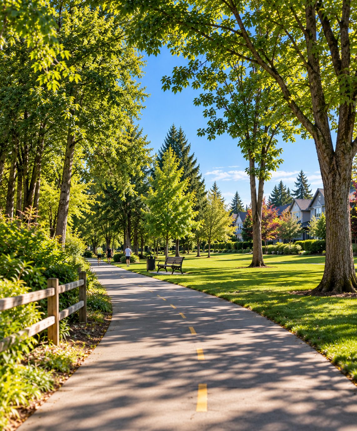 Tree-linded walking trail and green space in Walnut Grove, Langley